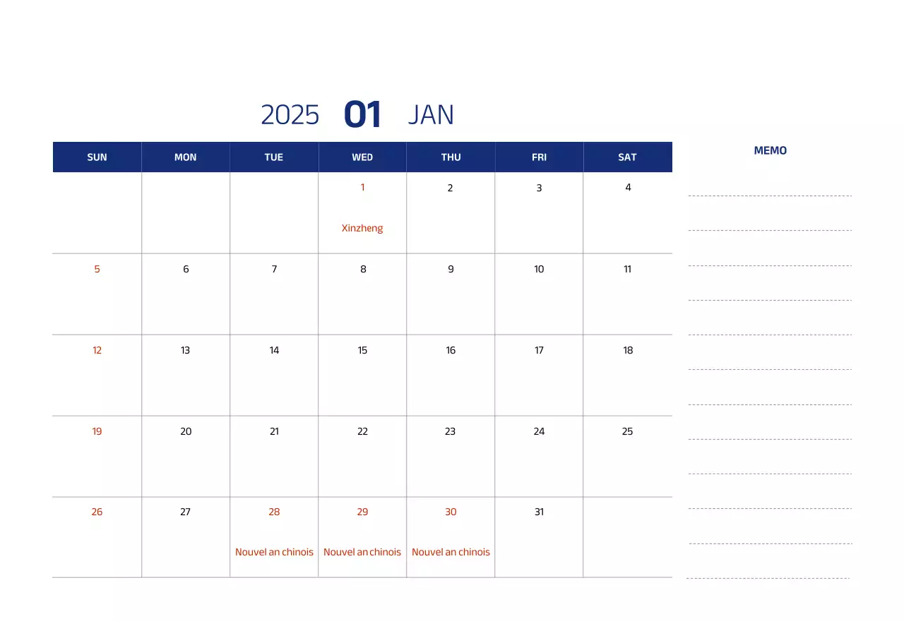 Calendrier simple avec des illustrations bleues et épurées