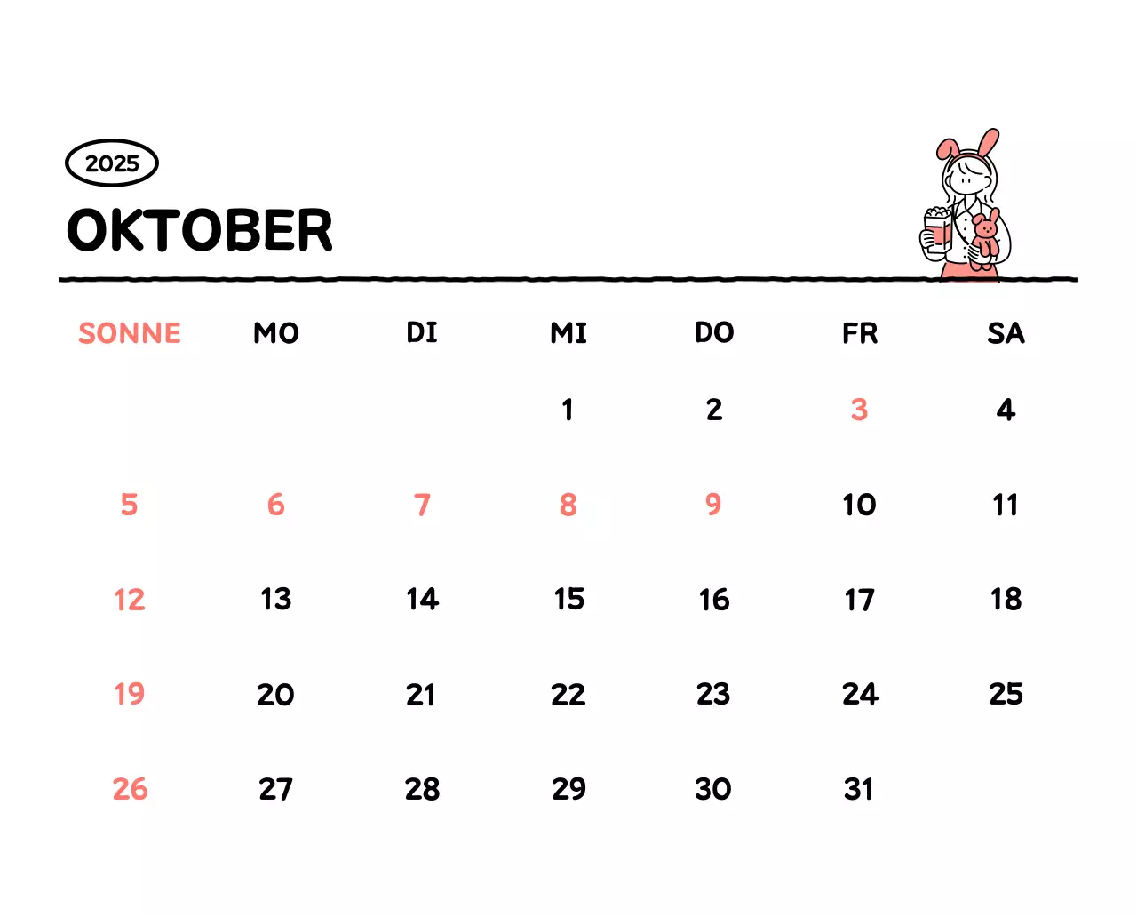 Illustrierter Kalender mit schönem Linienstil