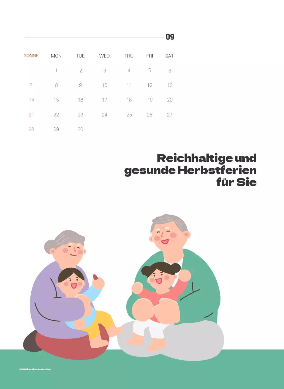 Ein festliches Krankenhaus mit Illustrationen zum Thema Gesundheit und Familie und farbenfrohen Akzenten