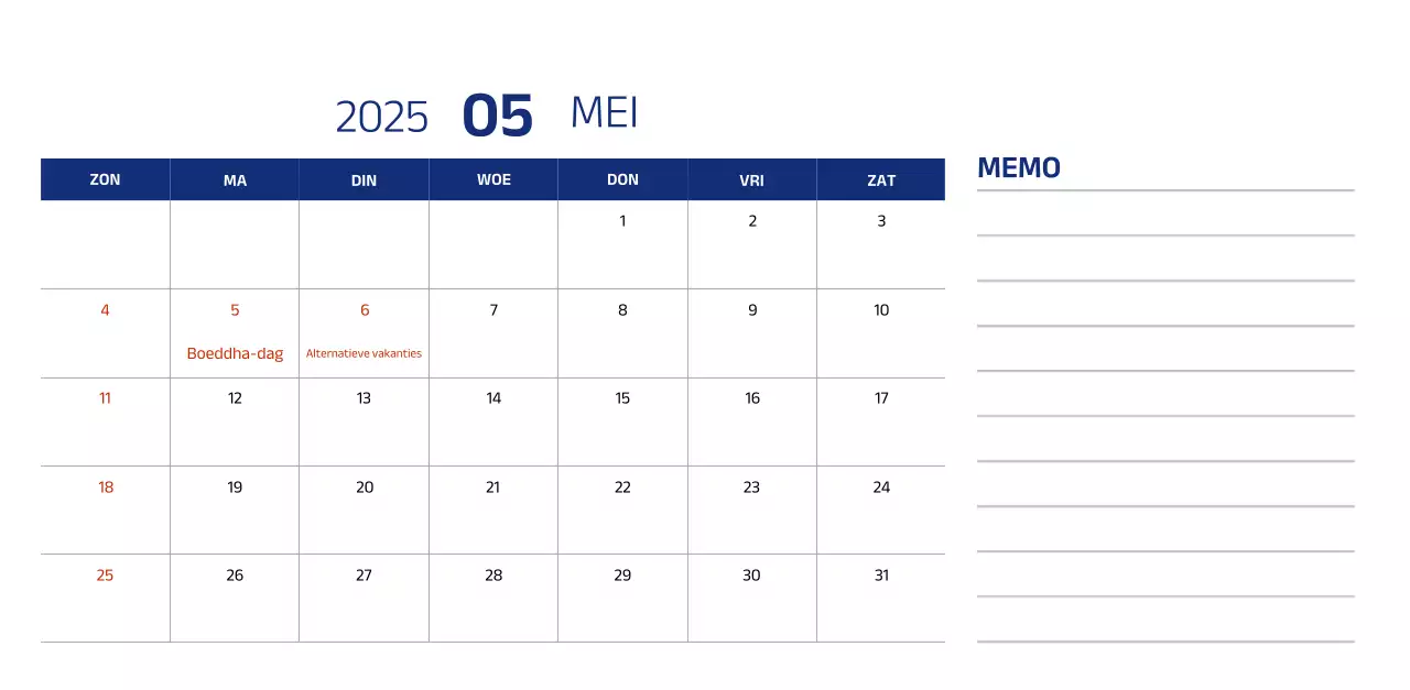 Eenvoudige kalender met blauwe, strakke illustraties