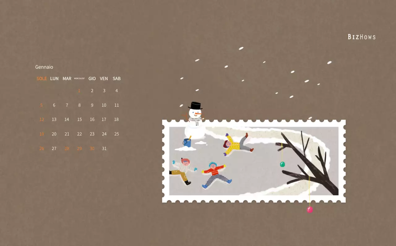 Calendario di Capodanno con una calda illustrazione