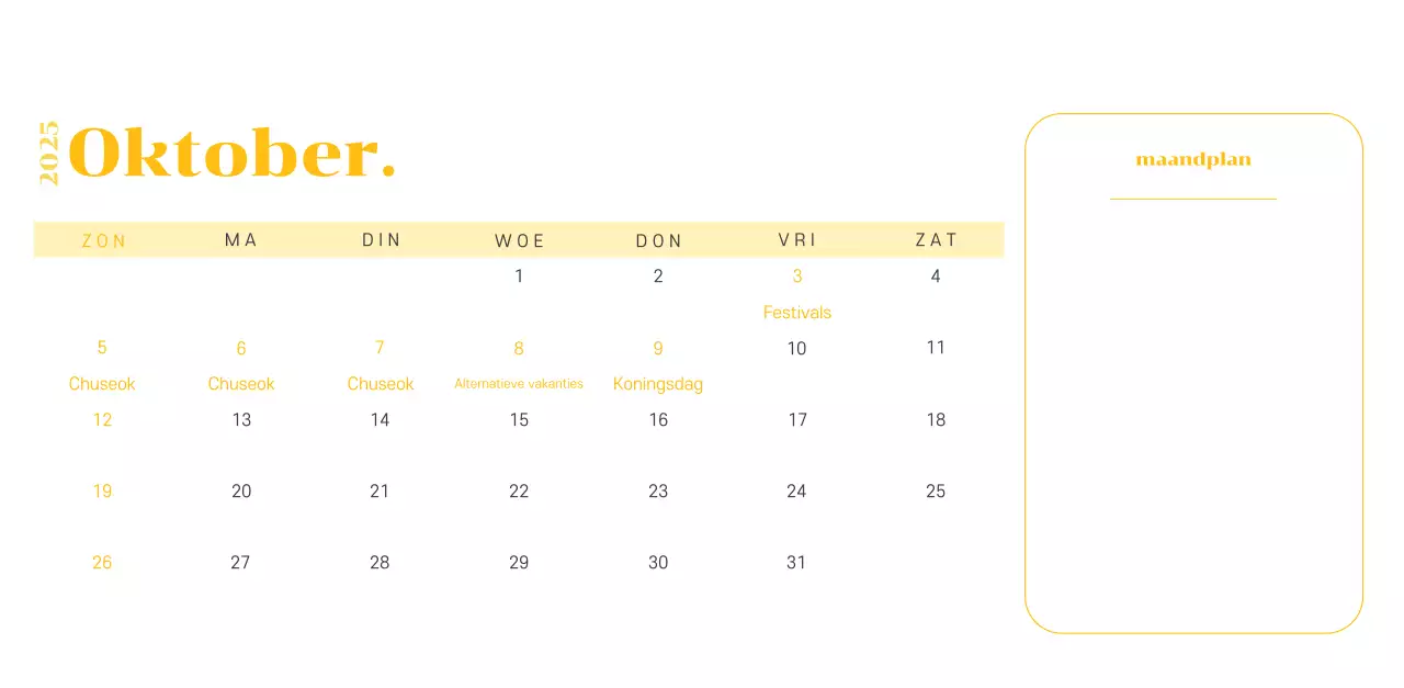 Kalender met jeugdillustraties op een geelgroene achtergrond