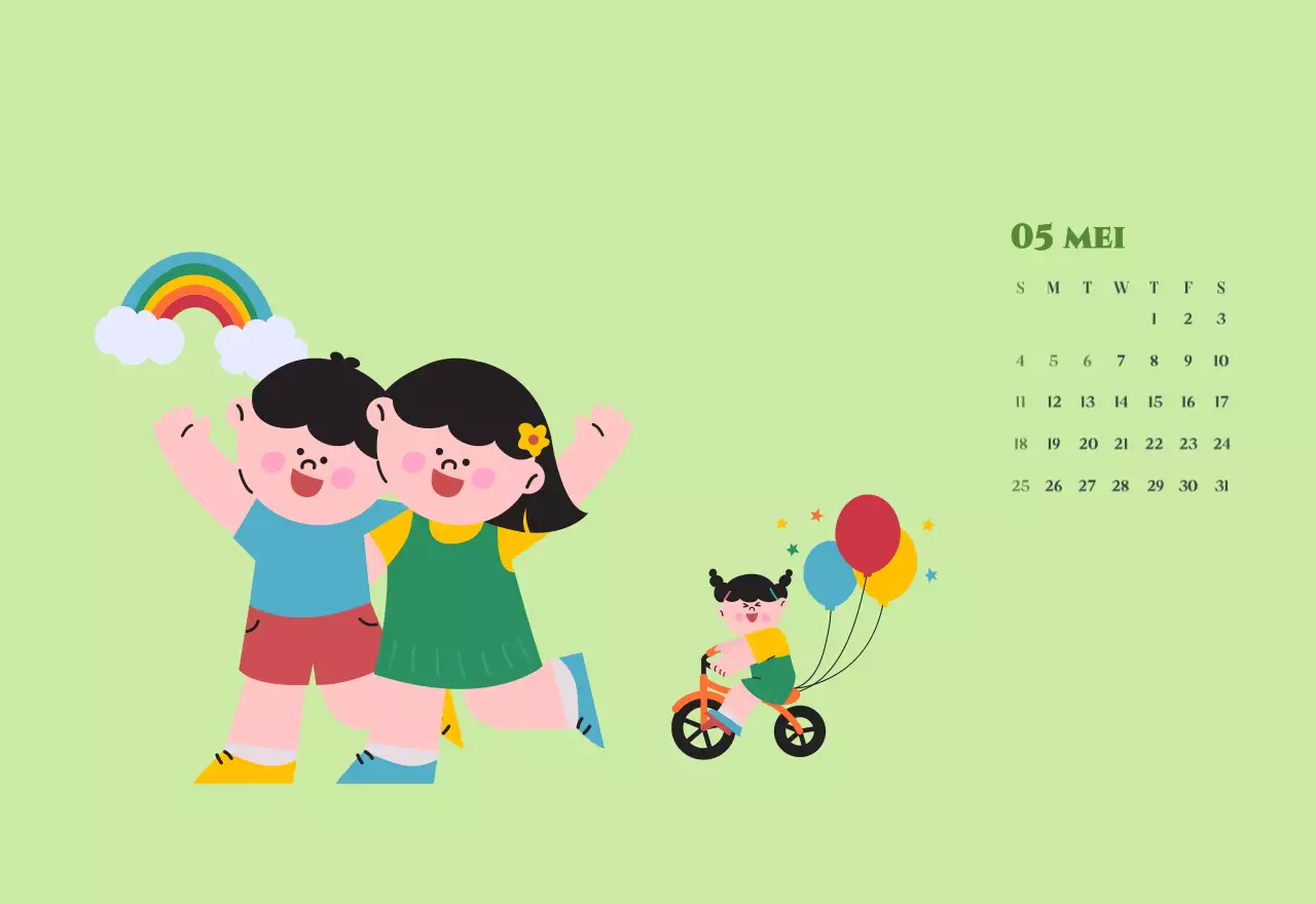 Kalender met jeugdillustraties op een geelgroene achtergrond