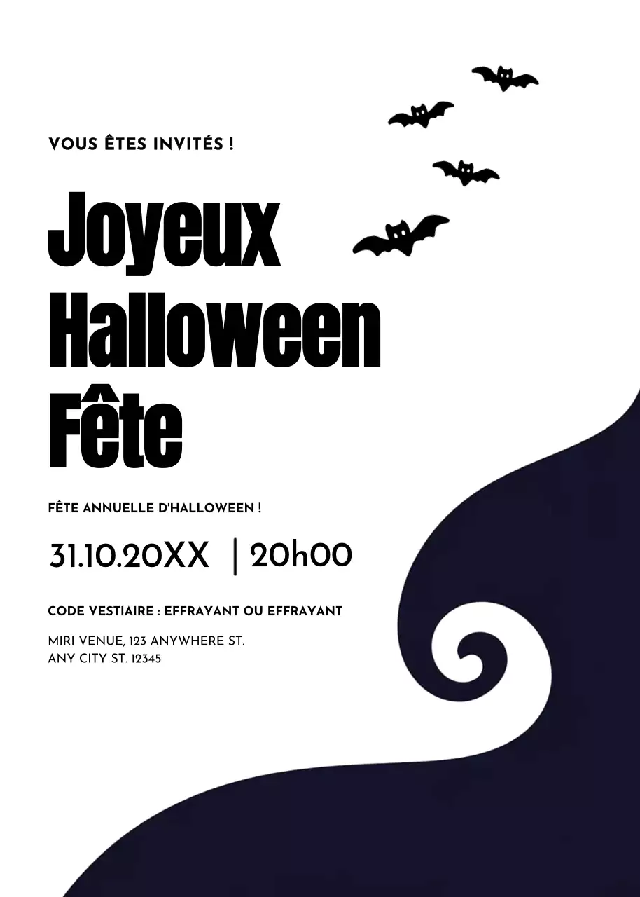 Invitation à la fête d'Halloween en blanc et noir