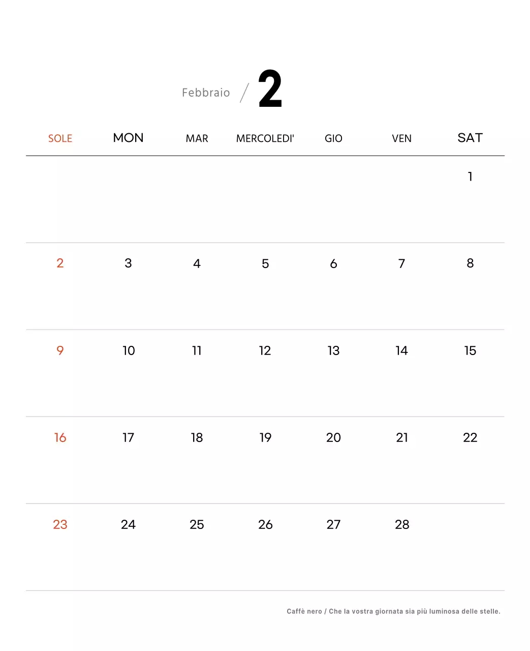 Semplice calendario da tavolo con foto di caffè per bar nei toni del bianco