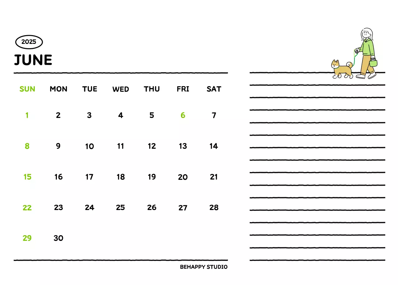 Illustrated calendar with a cute line style