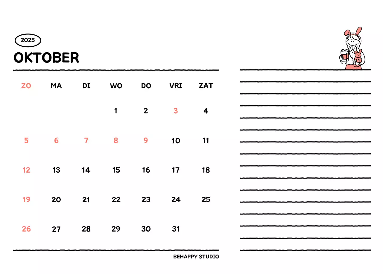 Geïllustreerde kalender met een mooie lijnstijl