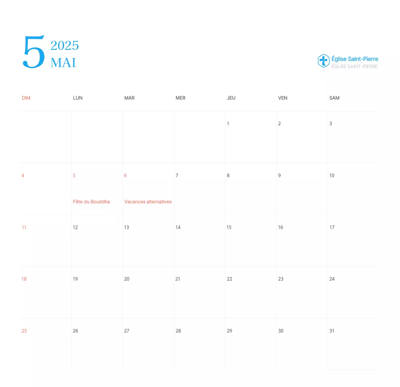 Calendrier d'église moderne bleu