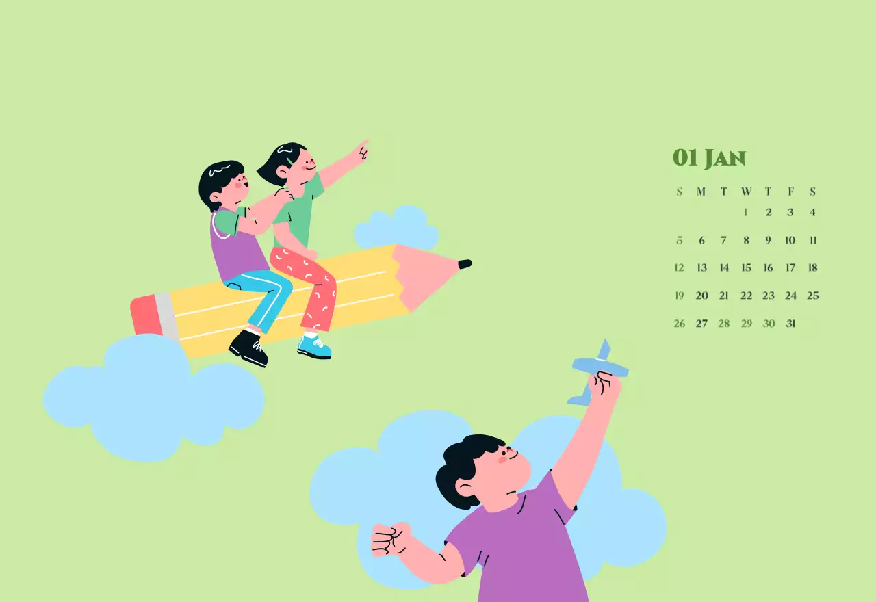 Kalender mit Jugendillustrationen auf gelb-grünem Hintergrund