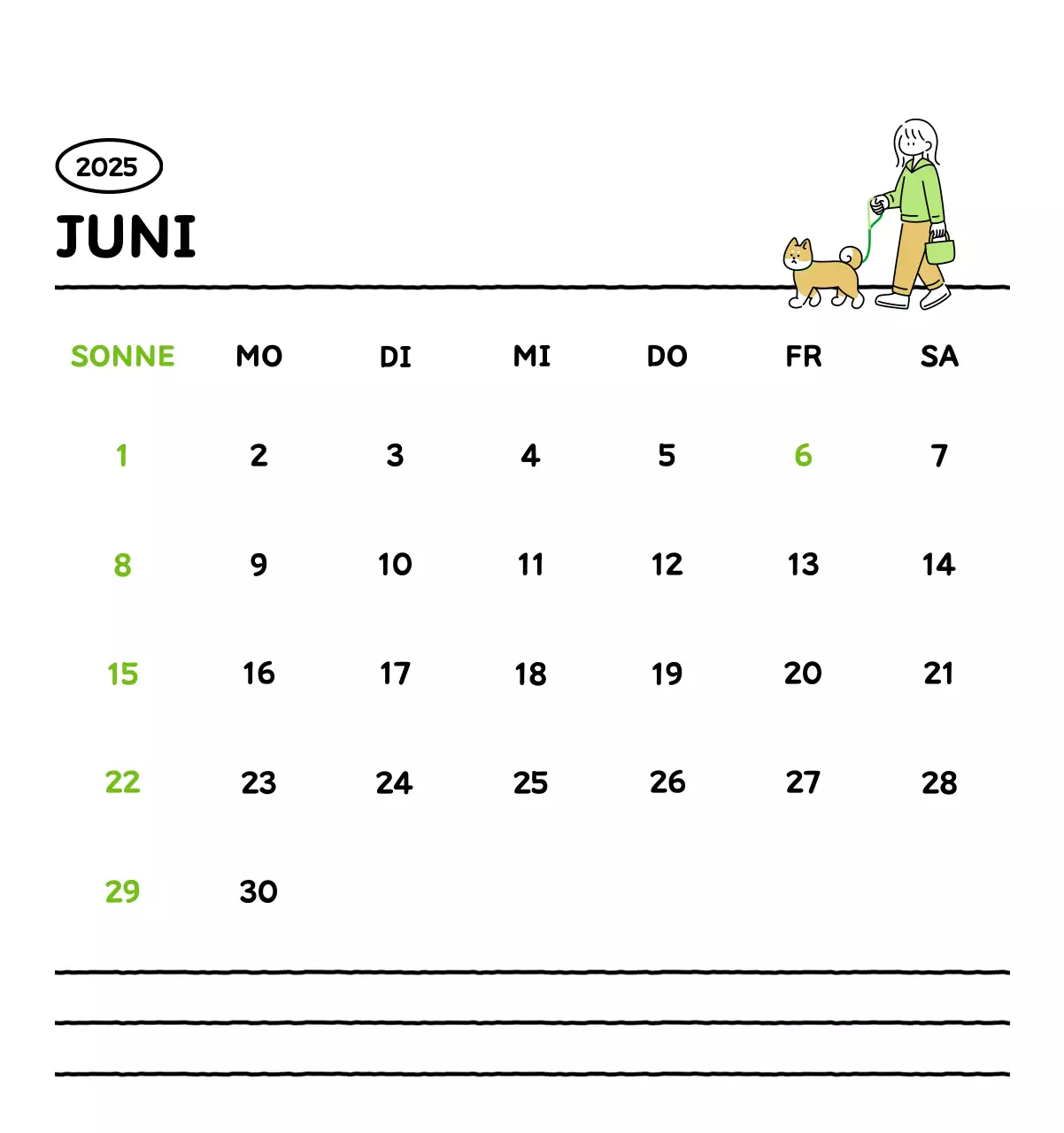 Illustrierter Kalender mit schönem Linienstil