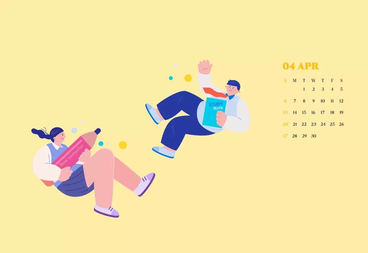 Kalender met jeugdillustraties op een geelgroene achtergrond