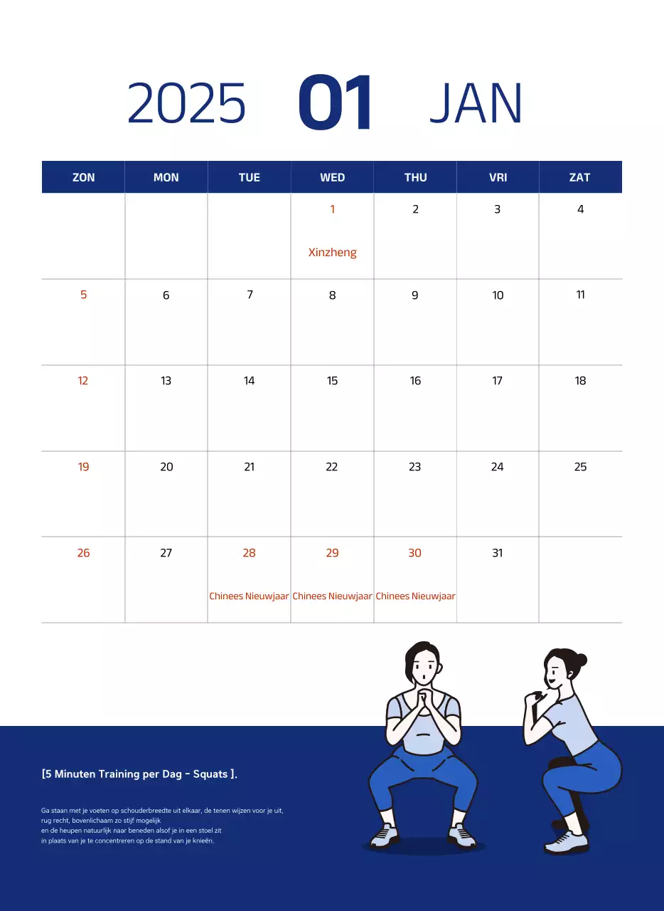 Eenvoudige kalender met blauwe, strakke illustraties