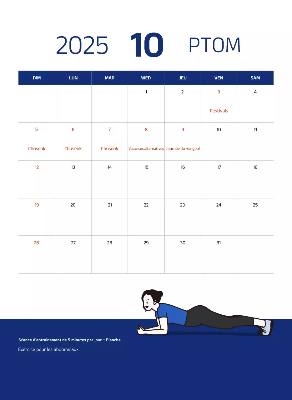 Calendrier simple avec des illustrations bleues et épurées
