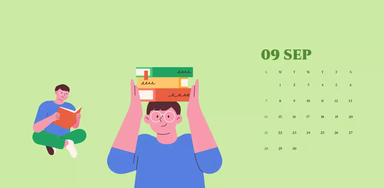 Calendrier avec illustrations de jeunes sur fond jaune-vert