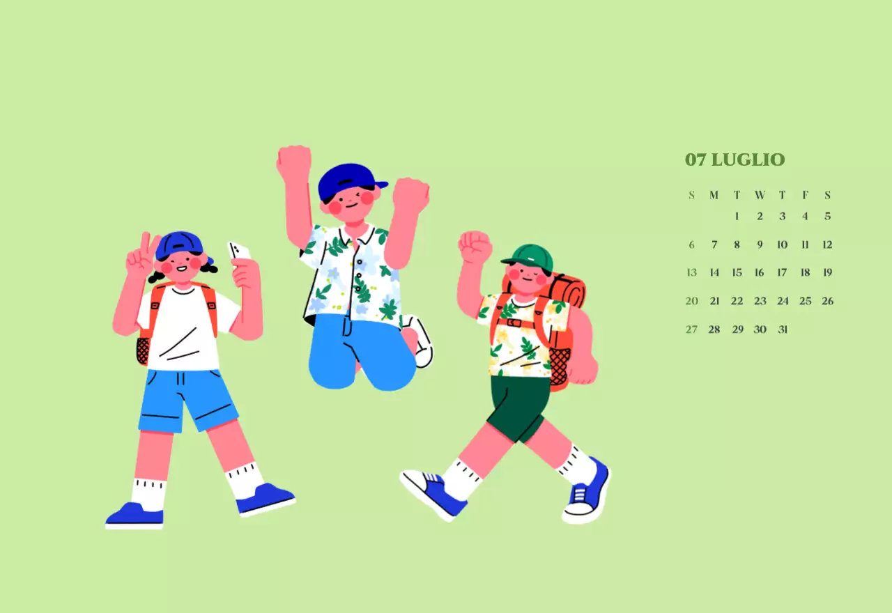 Calendario con illustrazioni giovanili su sfondo giallo-verde