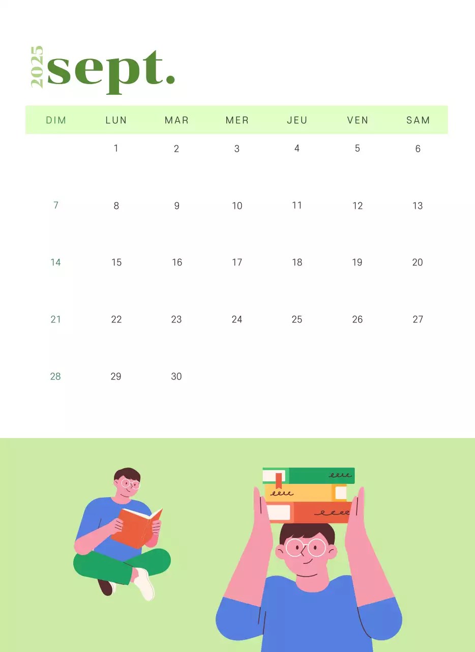 Calendrier avec illustrations de jeunes sur fond jaune-vert