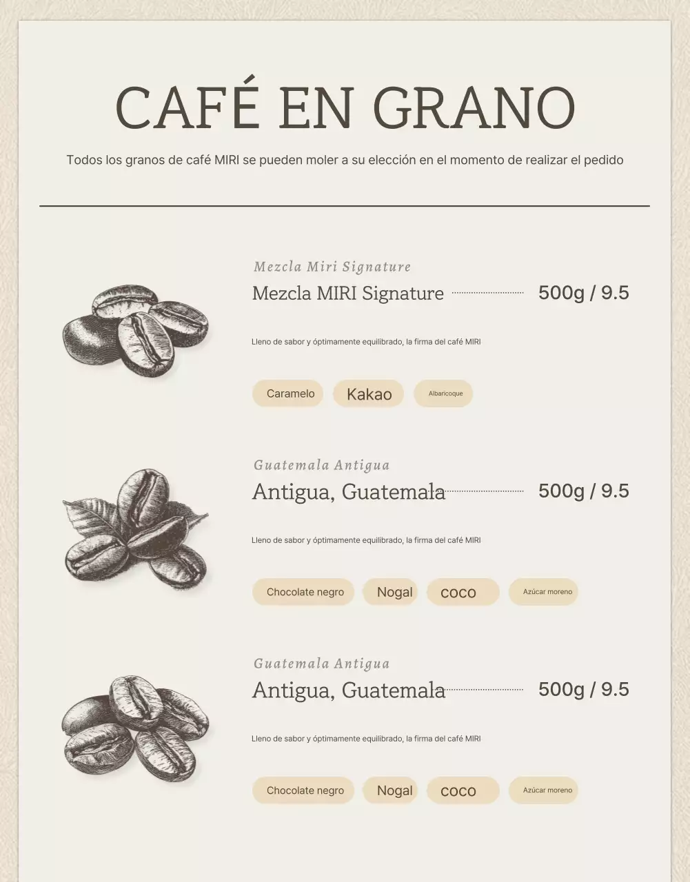 Granos de café vintage beige y marrón página de detalles