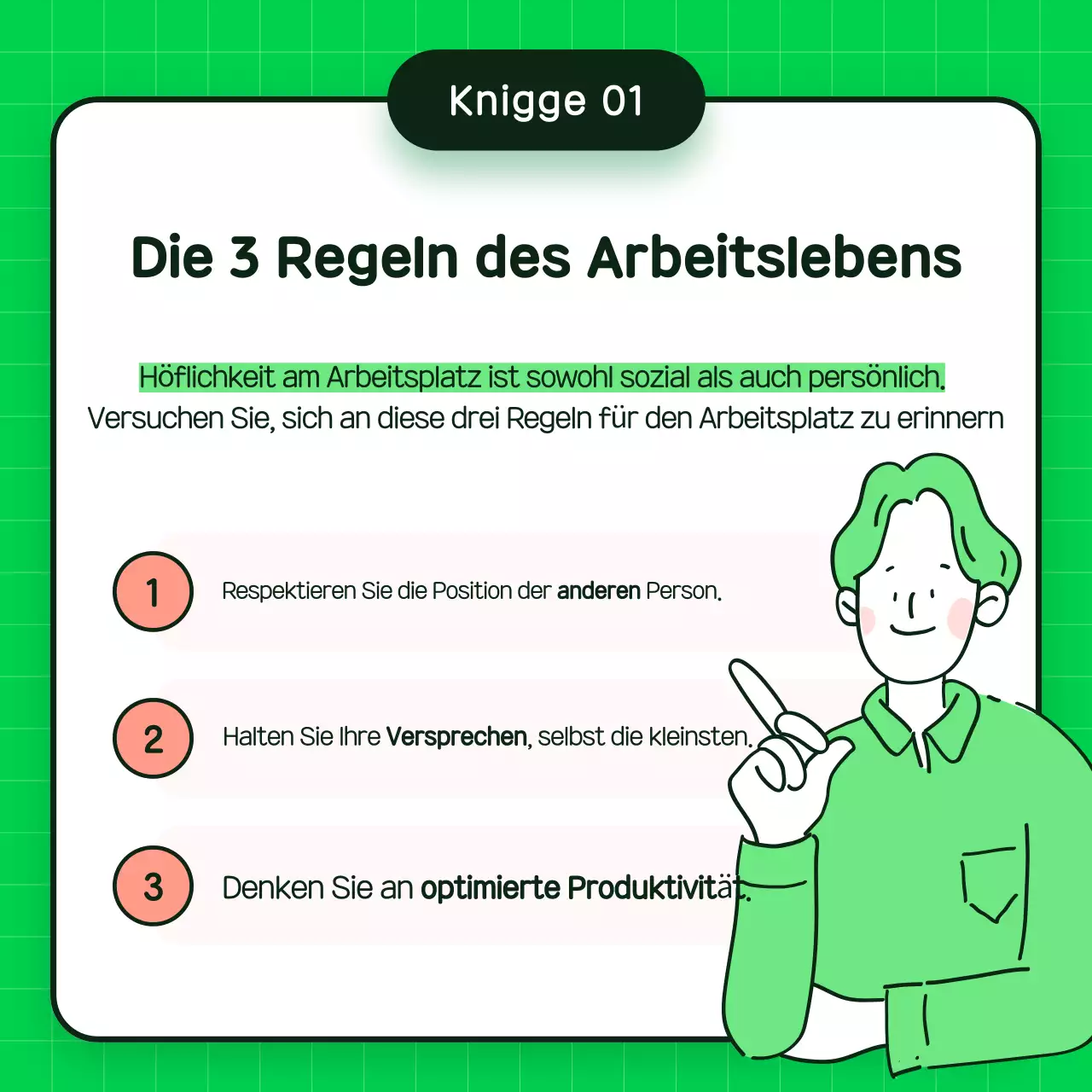 Grünes und einfaches Schulungsmaterial für Umgangsformen am Arbeitsplatz