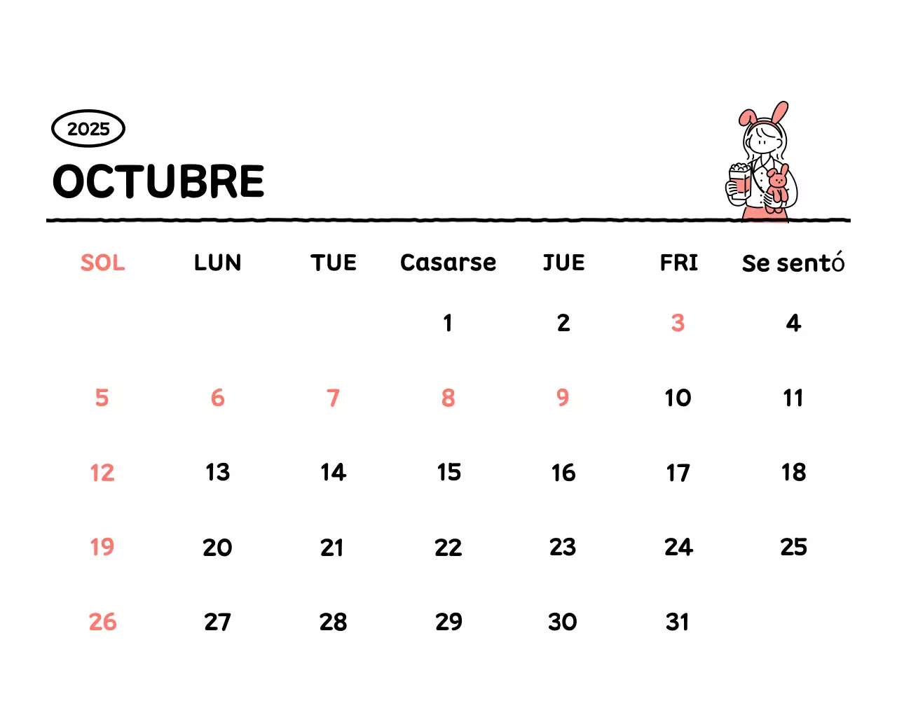 Calendario ilustrado con un bonito estilo de líneas