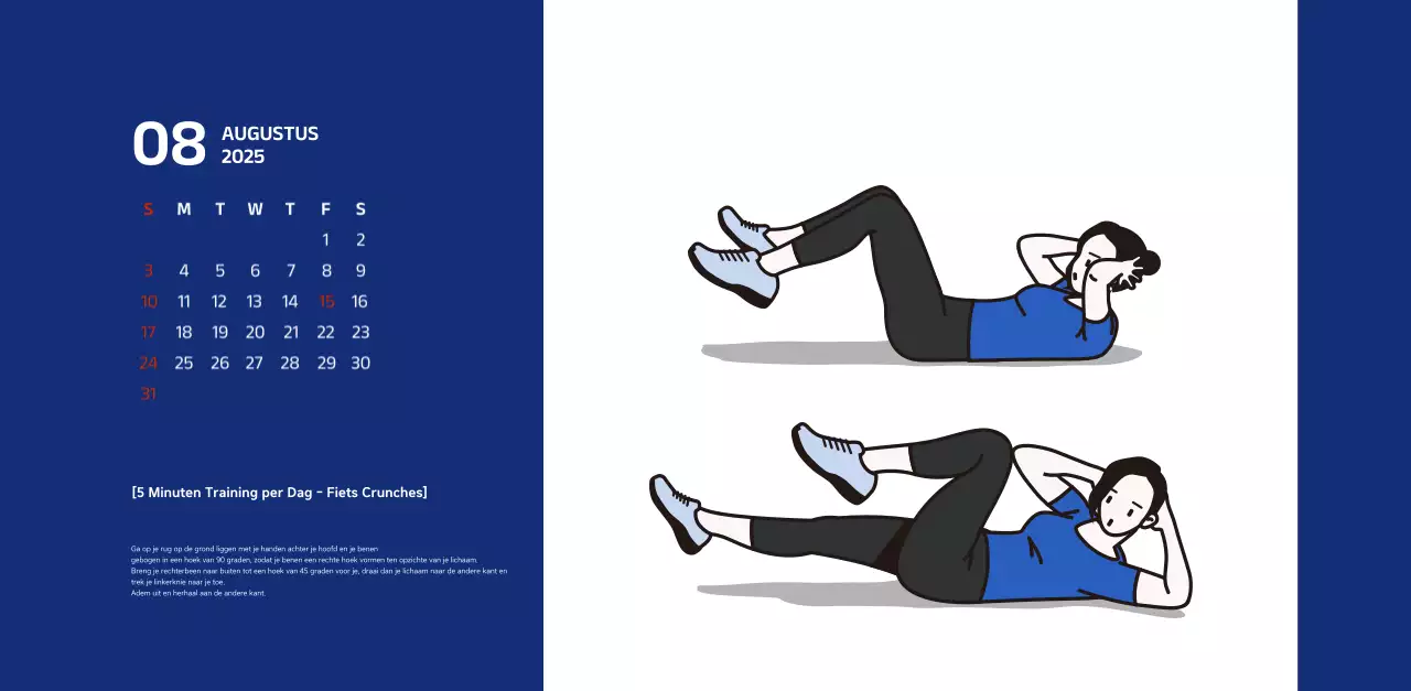 Eenvoudige kalender met blauwe, strakke illustraties