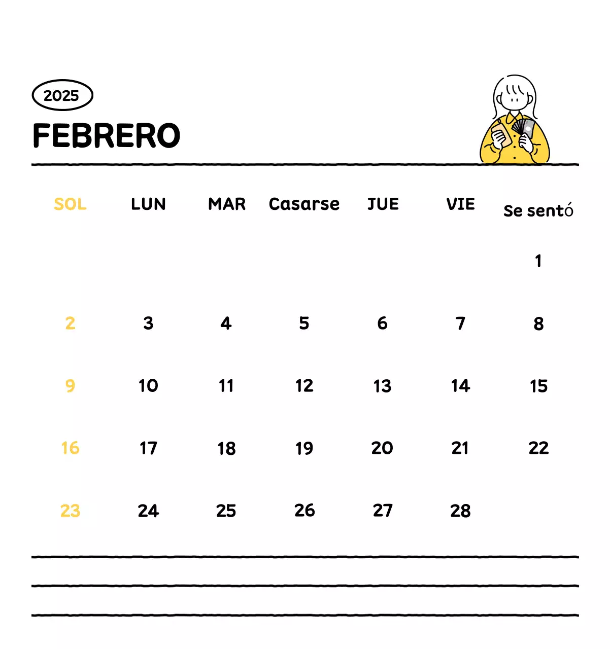 Calendario ilustrado con un bonito estilo de líneas