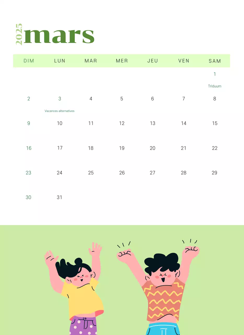 Calendrier avec illustrations de jeunes sur fond jaune-vert