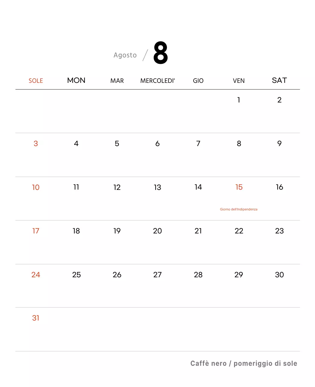 Semplice calendario da tavolo con foto di caffè per bar nei toni del bianco