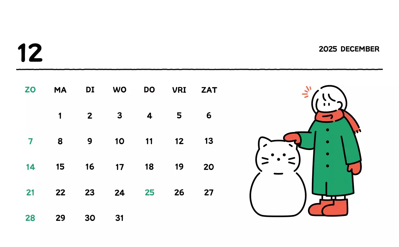 Geïllustreerde kalender met een mooie lijnstijl