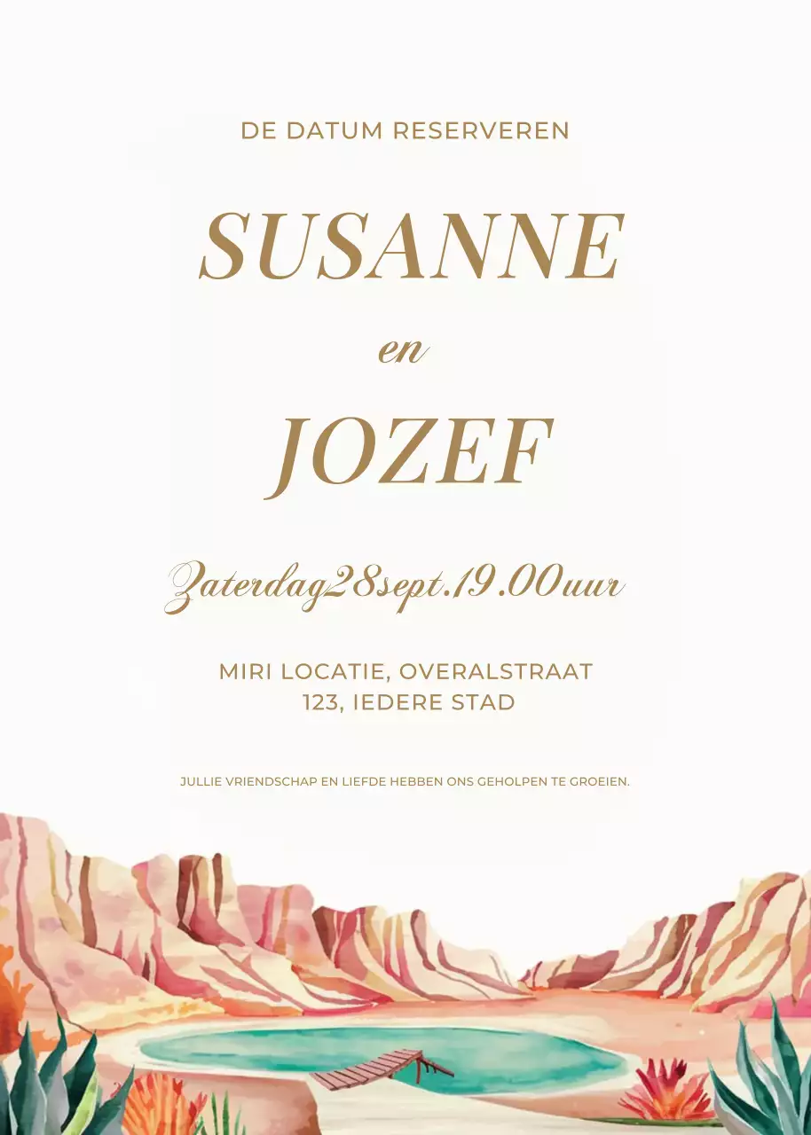 Beige oranje blauwe huwelijksuitnodiging elagant stijl