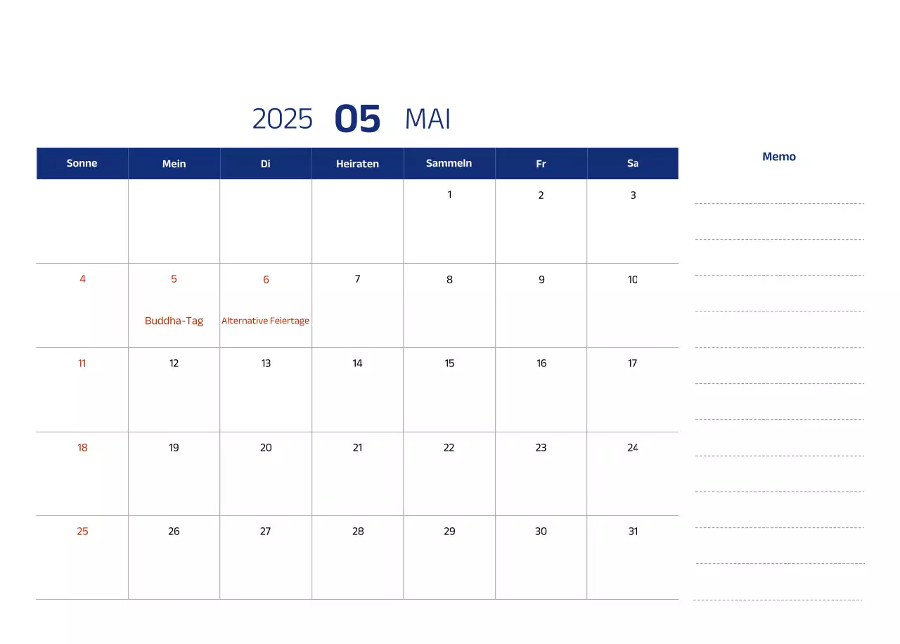 Einfacher Kalender mit blauen, klaren Illustrationen