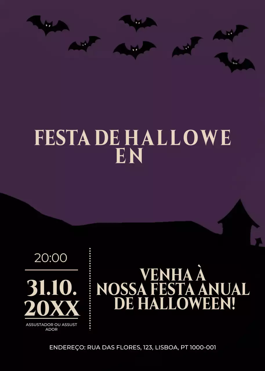 convite gótico roxo de Halloween