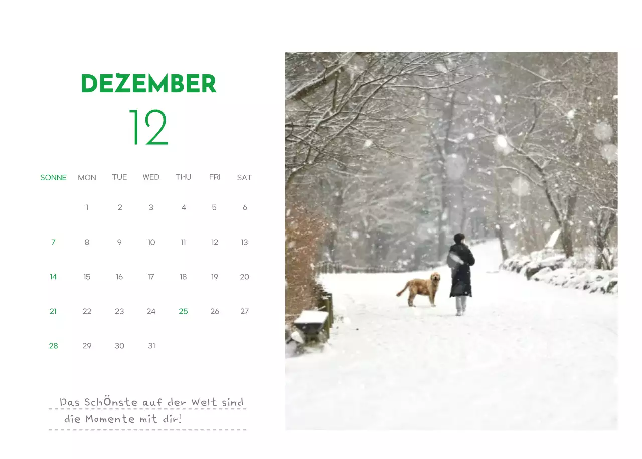 Ein Kalender mit einem Welpenfoto und einer süßen Botschaft in grüner Akzentfarbe