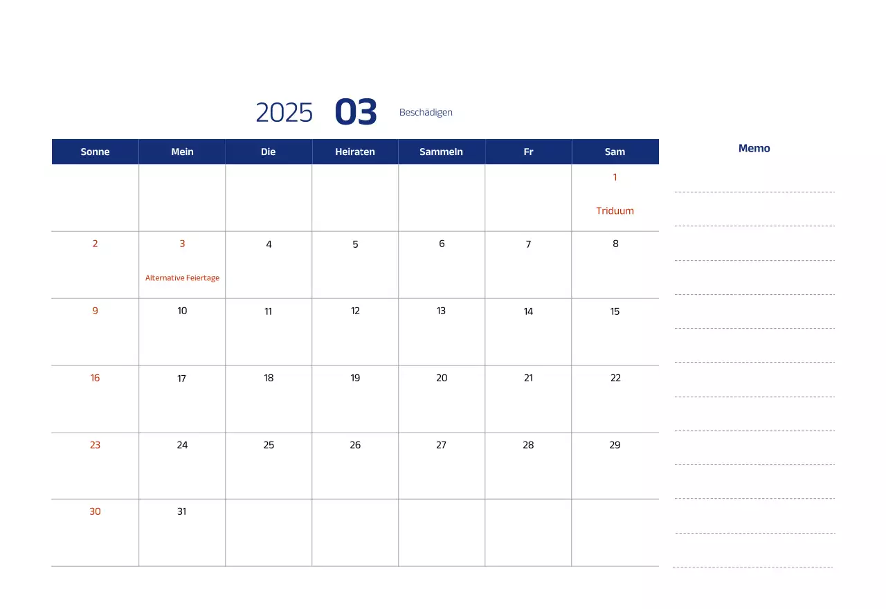 Einfacher Kalender mit blauen, klaren Illustrationen