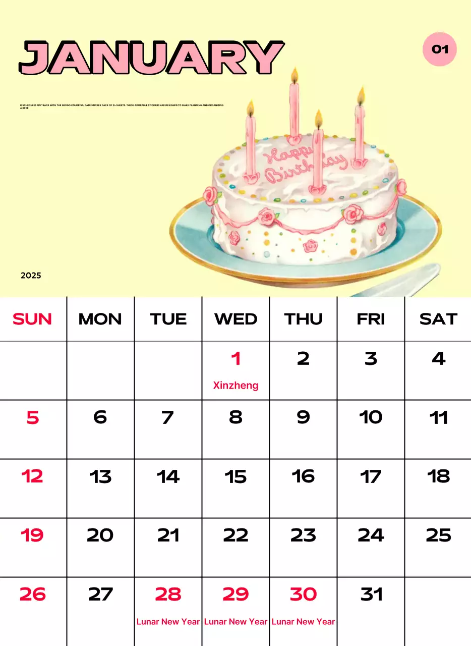 Kalender penuh warna dengan berbagai ilustrasi retro