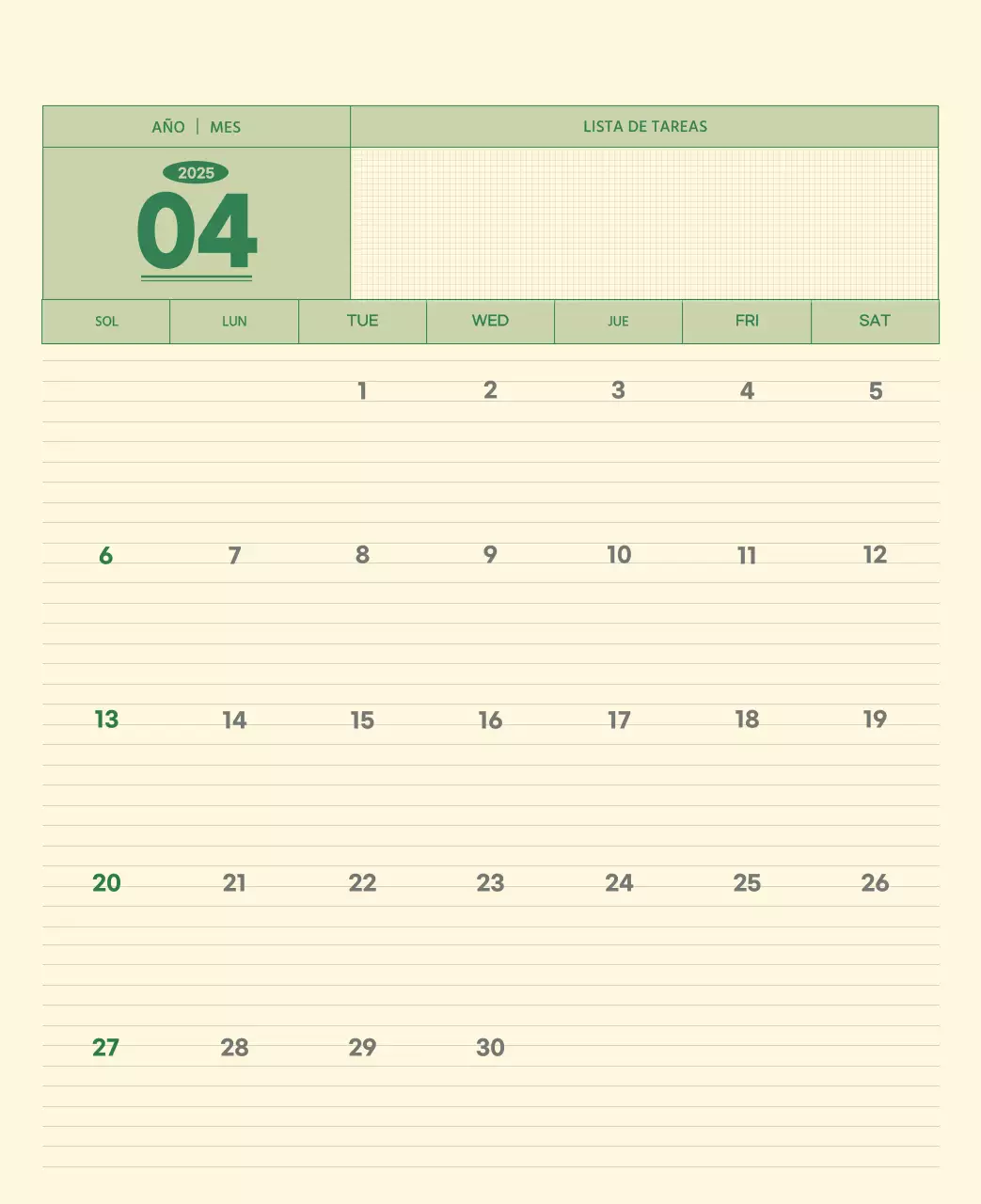 SAT Calendario de pared con concepto de bloc de notas del Día D en verde y amarillo claro