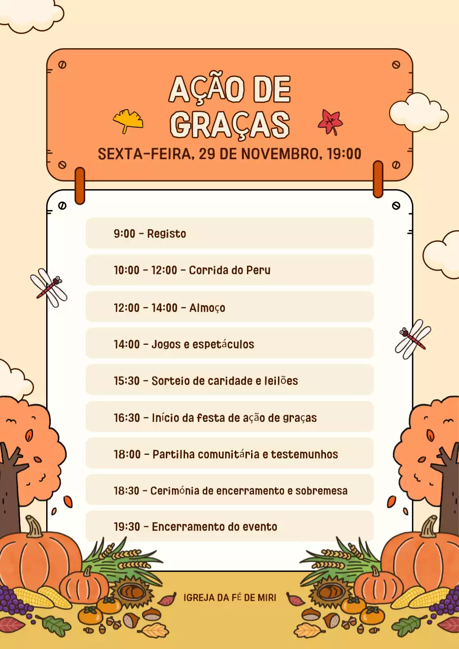 calendário tradicional laranja do Dia de Ação de Graças