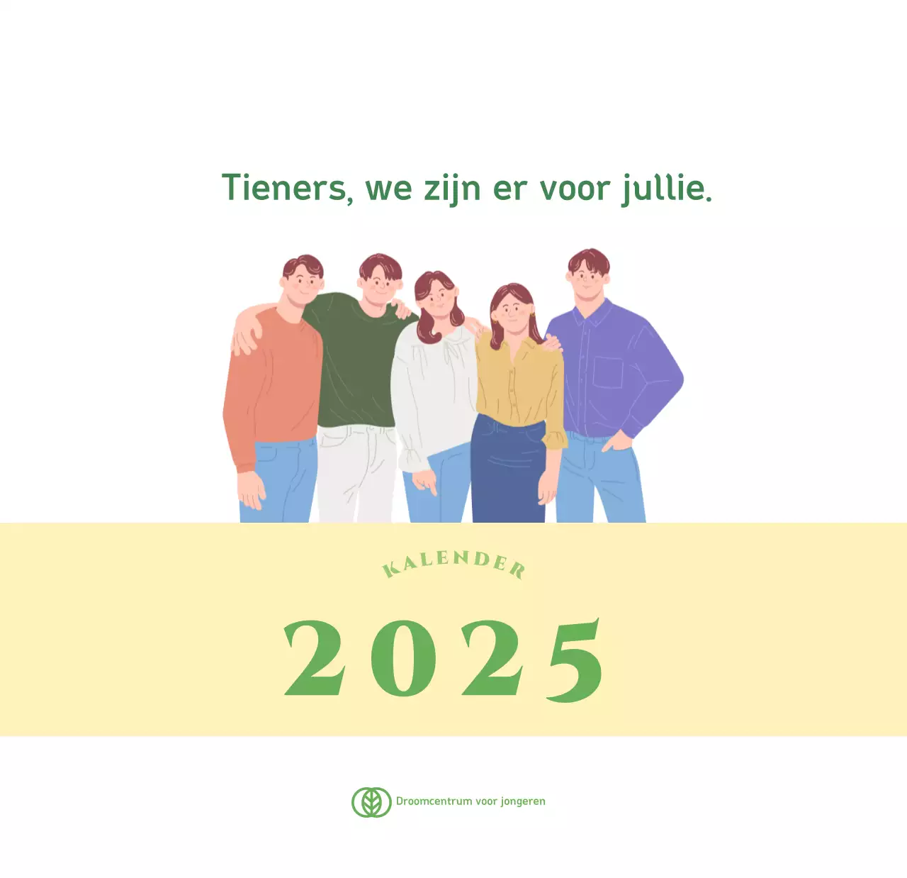 Kalender met jeugdillustraties op een geelgroene achtergrond