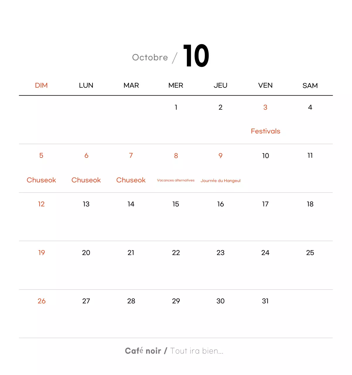 Calendrier minimaliste pour le café