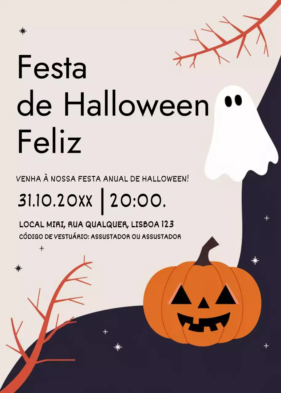 Convite de Halloween bege-marinho estilo desenho animado