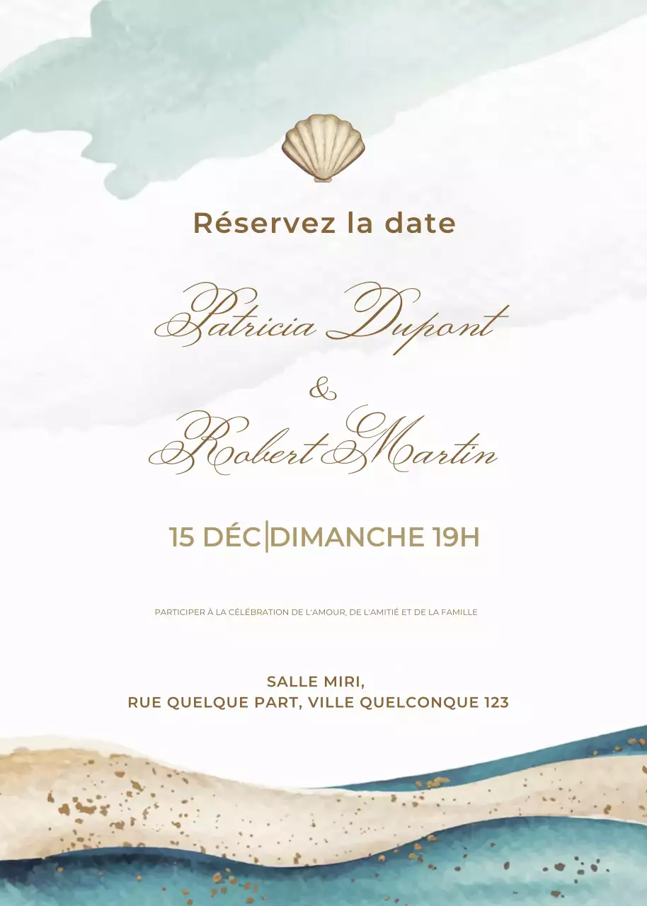 Invitation de mariage beige bleu or style élégant
