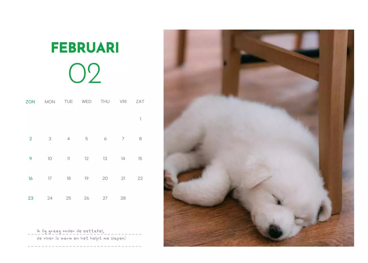 Een kalender met een puppyfoto en een schattige boodschap in groene accentkleur