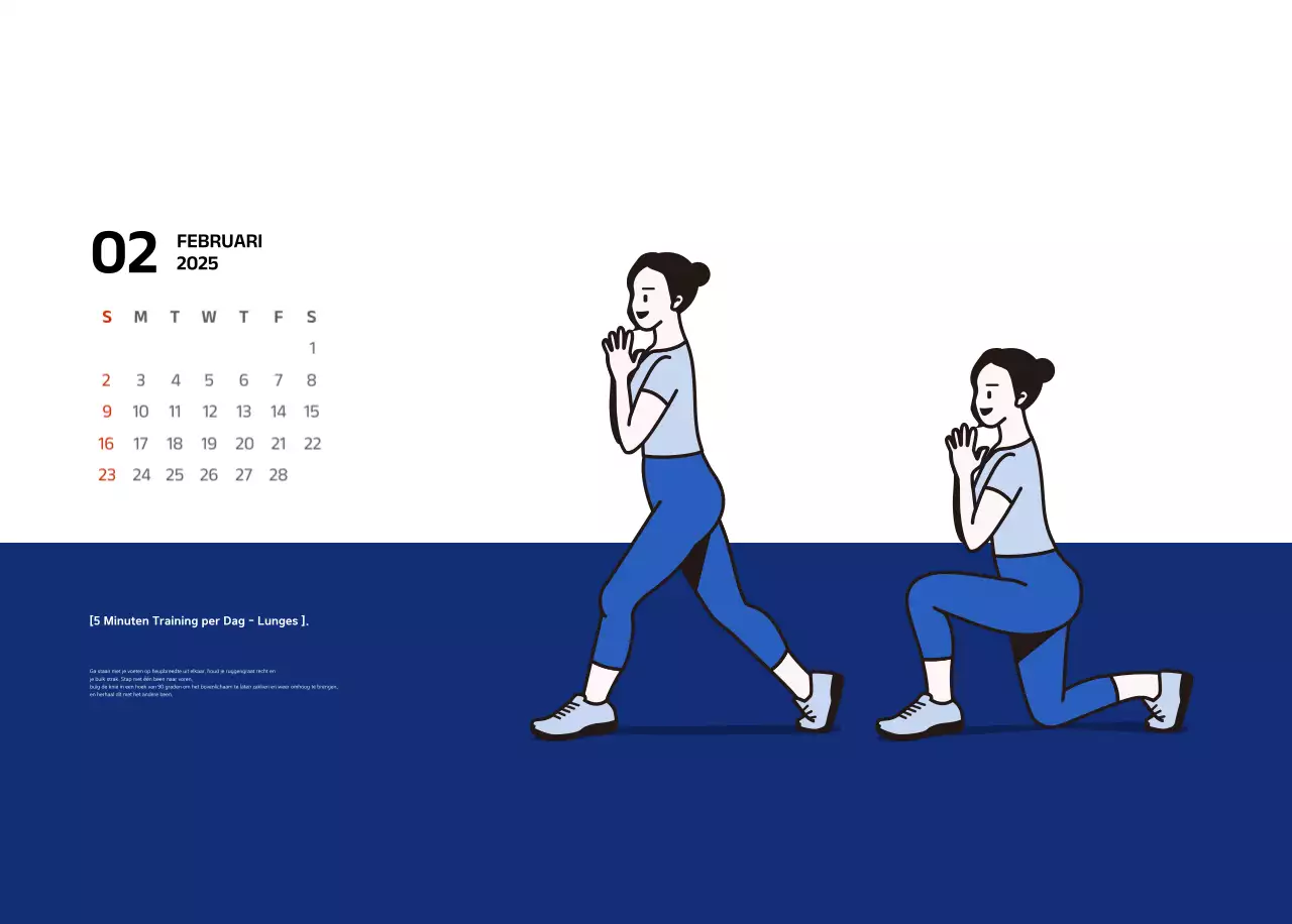Eenvoudige kalender met blauwe, strakke illustraties