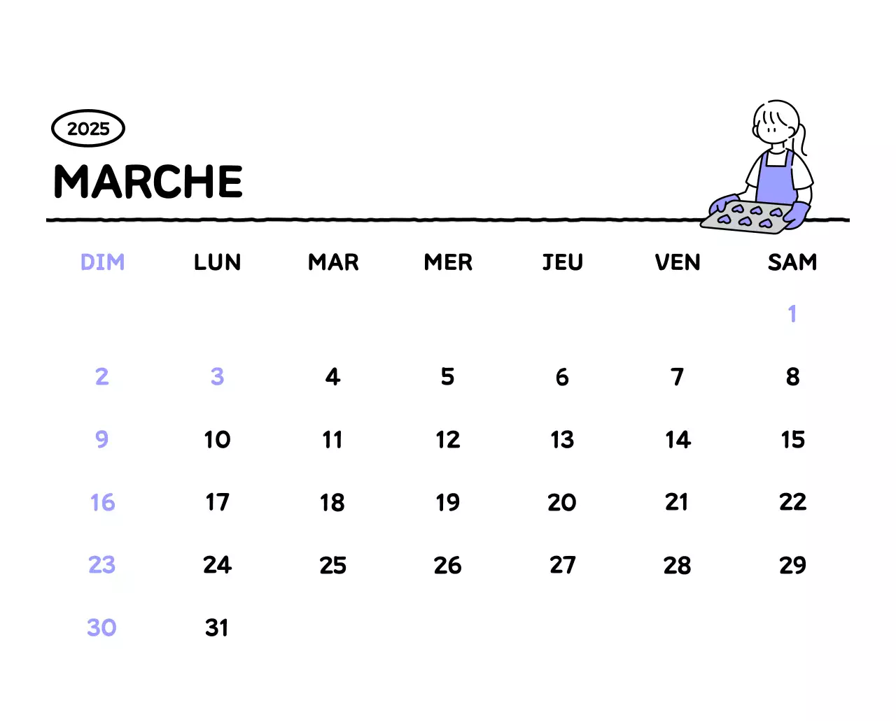 Calendrier illustré avec un joli style de lignes