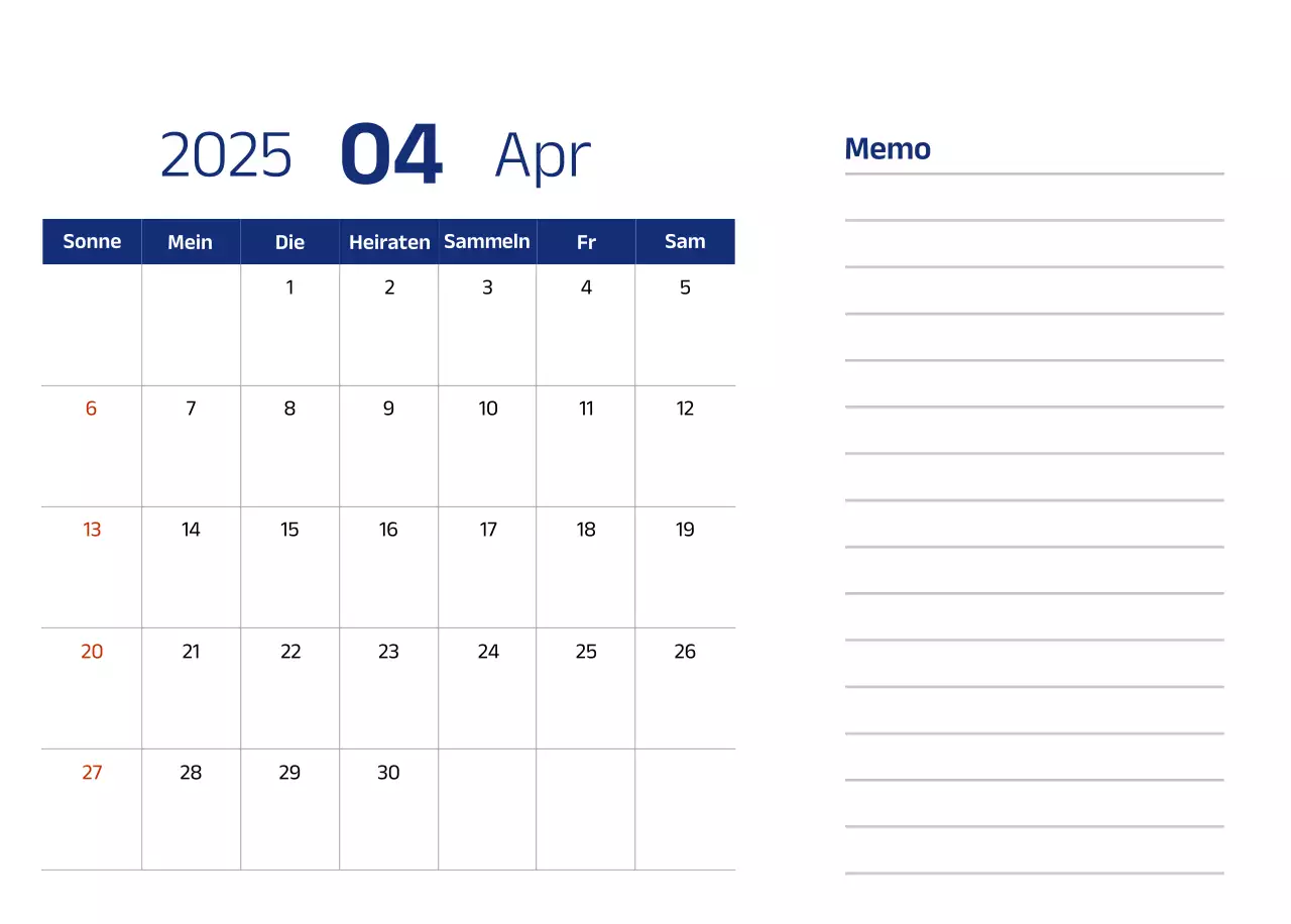 Einfacher Kalender mit blauen, klaren Illustrationen