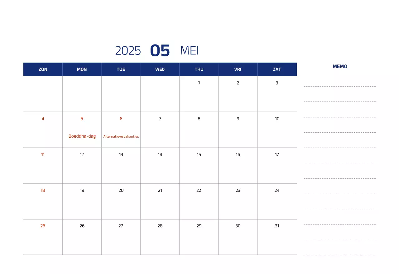 Eenvoudige kalender met blauwe, strakke illustraties