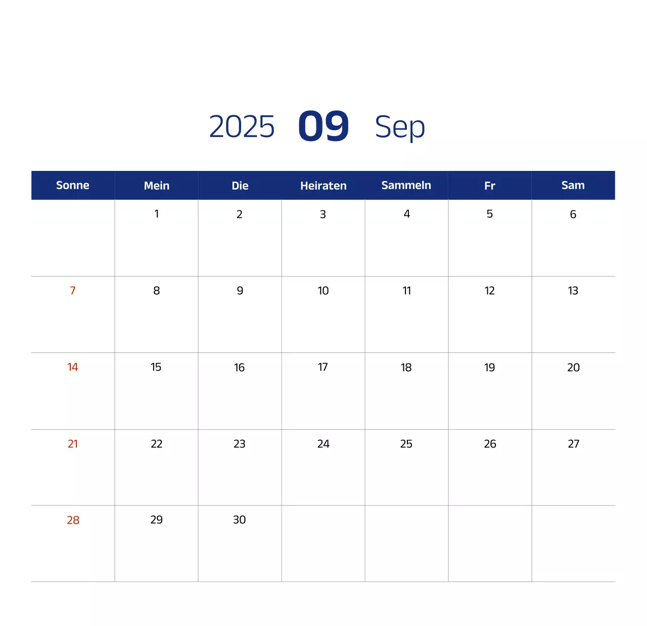 Einfacher Kalender mit blauen, klaren Illustrationen