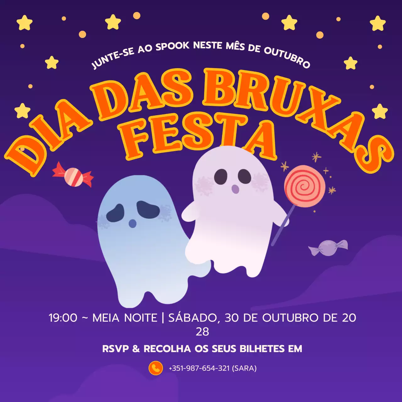 Quadrado para redes sociais de festa de Halloween laranja púrpura brincalhão
