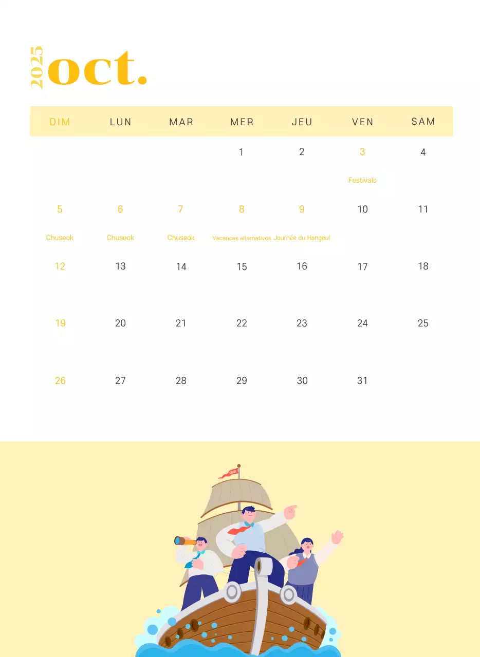 Calendrier avec illustrations de jeunes sur fond jaune-vert