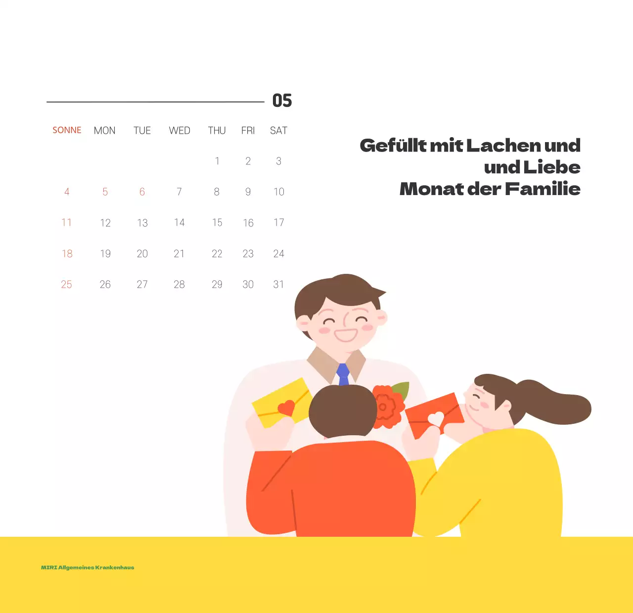 Ein festliches Krankenhaus mit Illustrationen zum Thema Gesundheit und Familie und farbenfrohen Akzenten