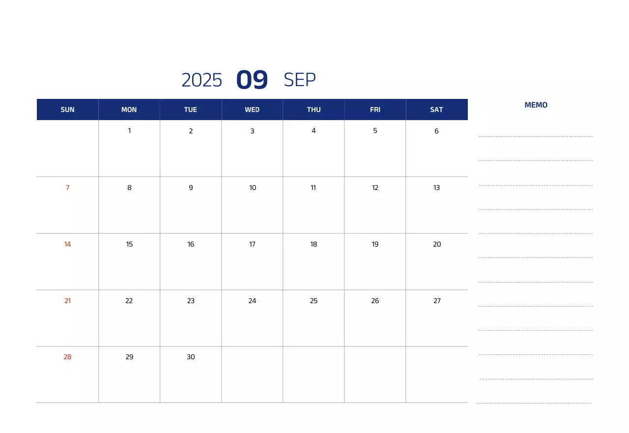 Simple calendar with blue, clean illustrations